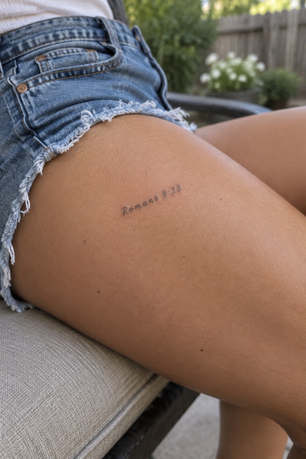 Fine line tattoo of Romans 8:28 on a woman's upper thigh, shown beneath the frayed hem of denim shorts.