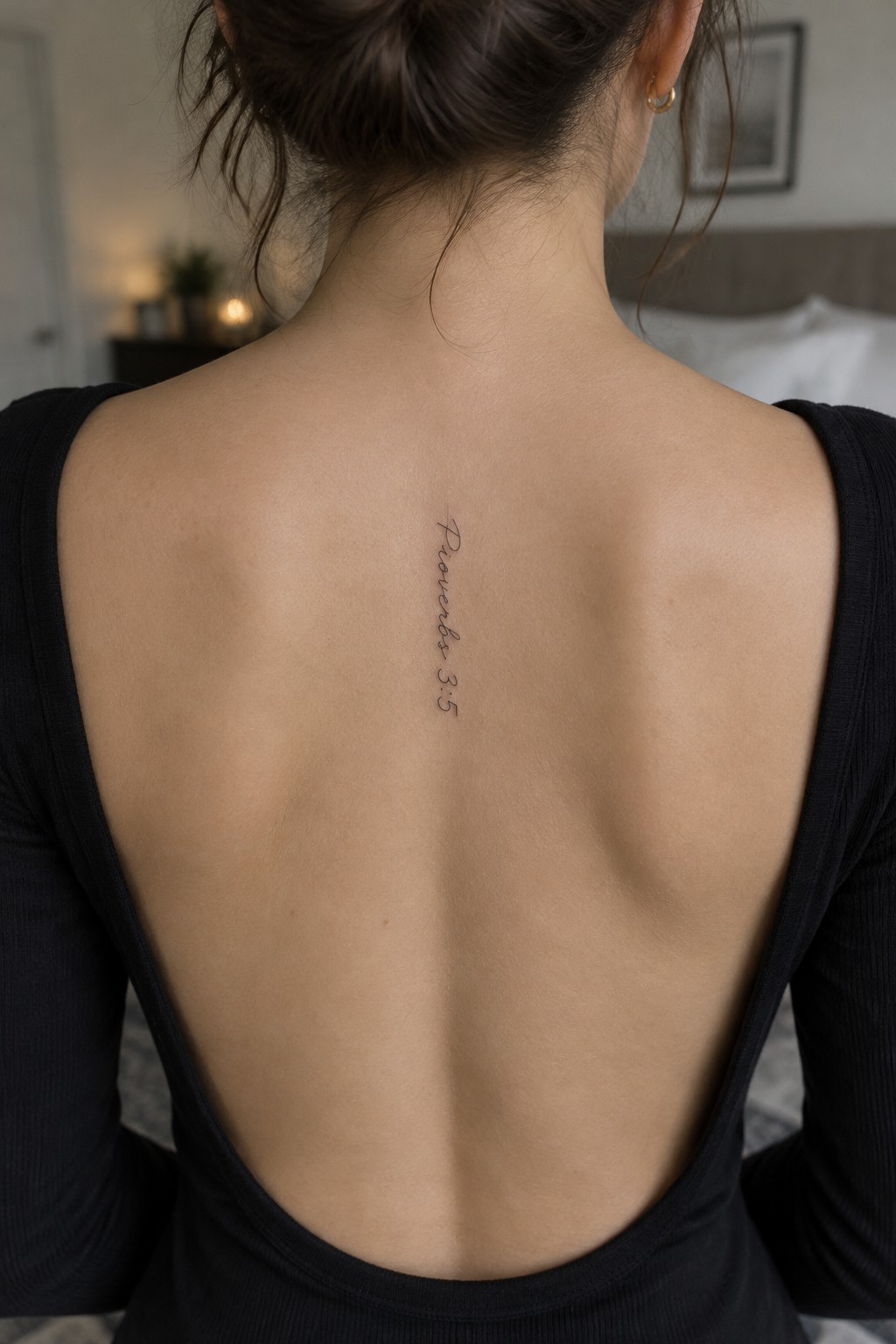 Woman's back with Proverbs 3:5 tattoo in black open-back top in bedroom