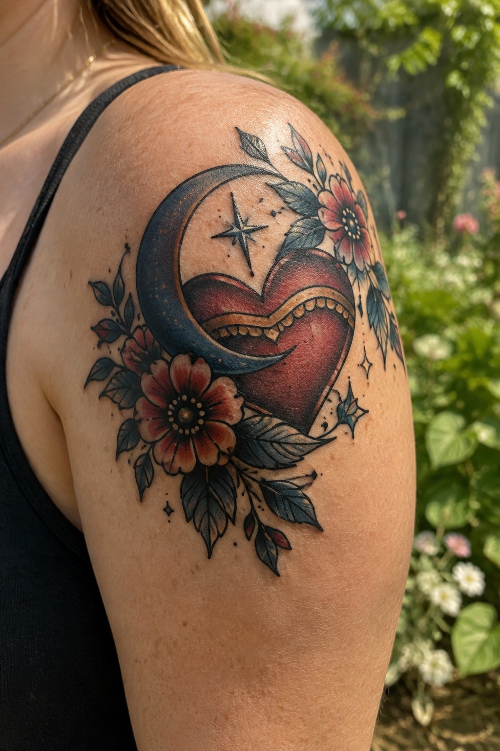Red heart tattoo framed by a dark crescent moon, compass star, and flowers on a woman’s upper arm.