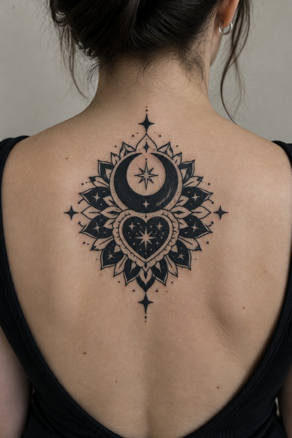 Black mandala-style tattoo with a crescent moon, stars, and heart centered on a woman’s upper back.