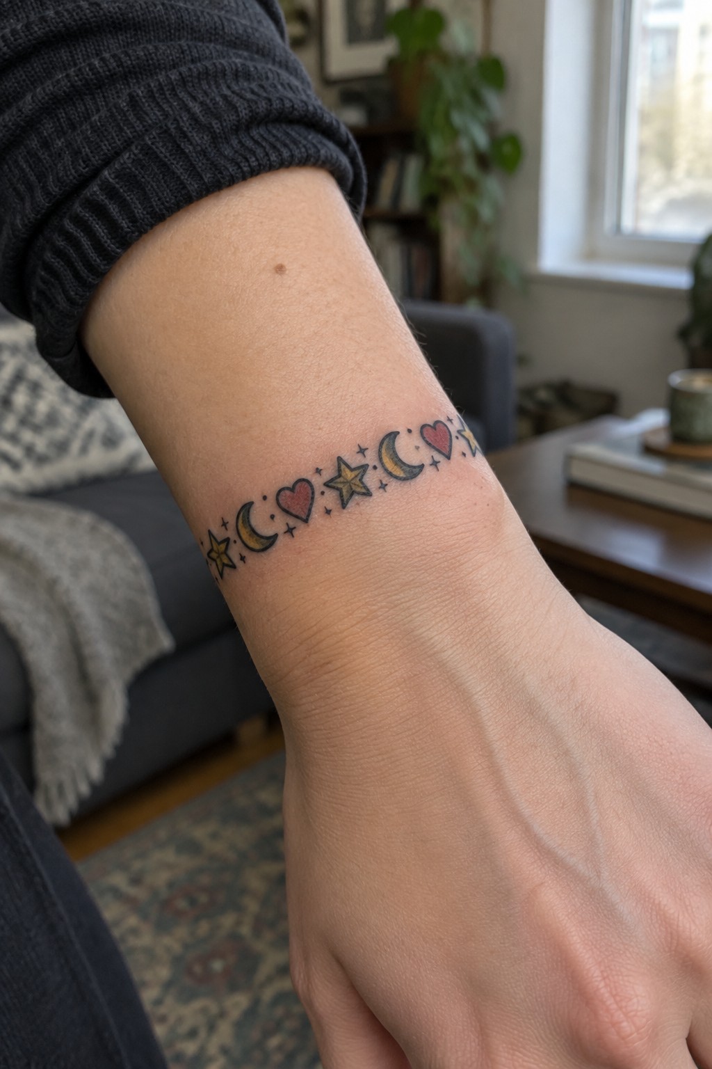 Small colorful tattoo band of hearts, stars, and crescent moons around the forearm.