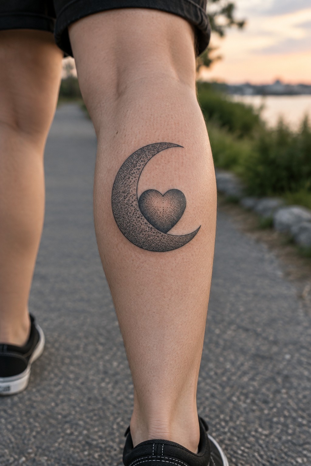 Black-and-gray dotted crescent moon and heart tattoo on the outer calf.