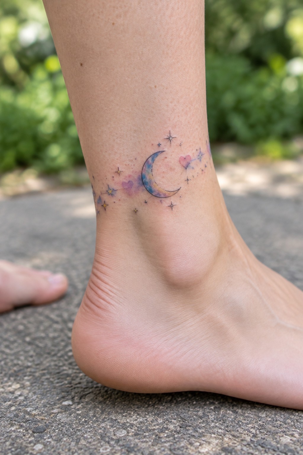Small watercolor crescent moon tattoo with pink hearts and tiny stars wrapped around the ankle.
