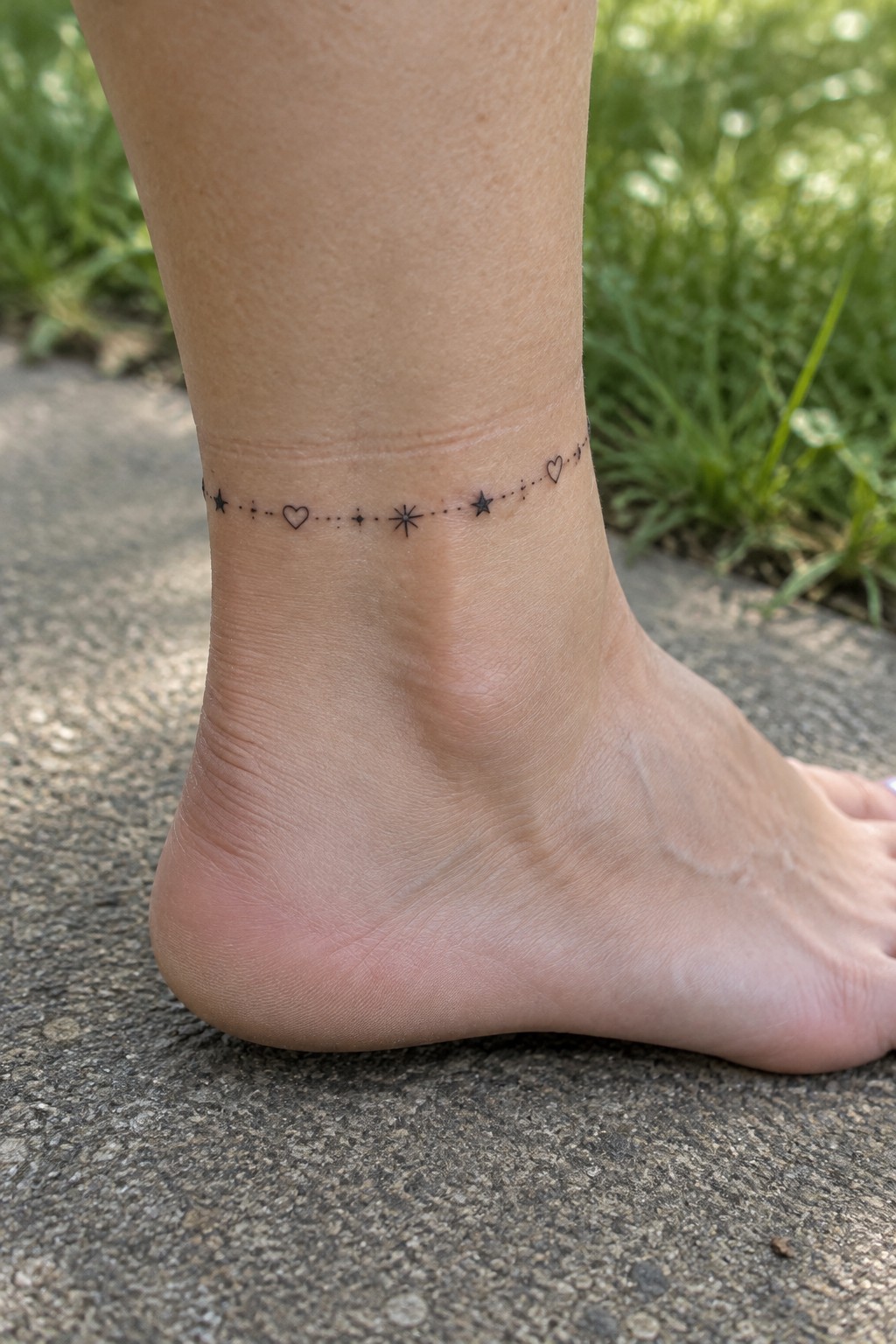 Fine-line ankle tattoo forming a dotted band with small stars, outlined hearts, and a sunburst.