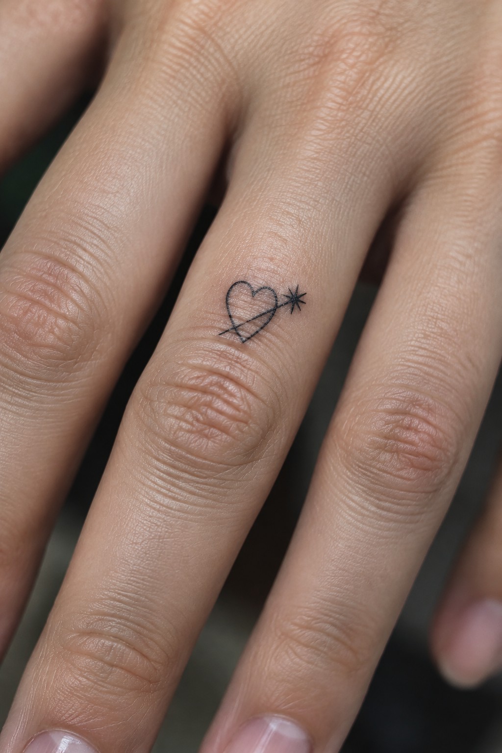 Small black fine-line heart pierced by a diagonal line ending in a star, tattooed on a finger.