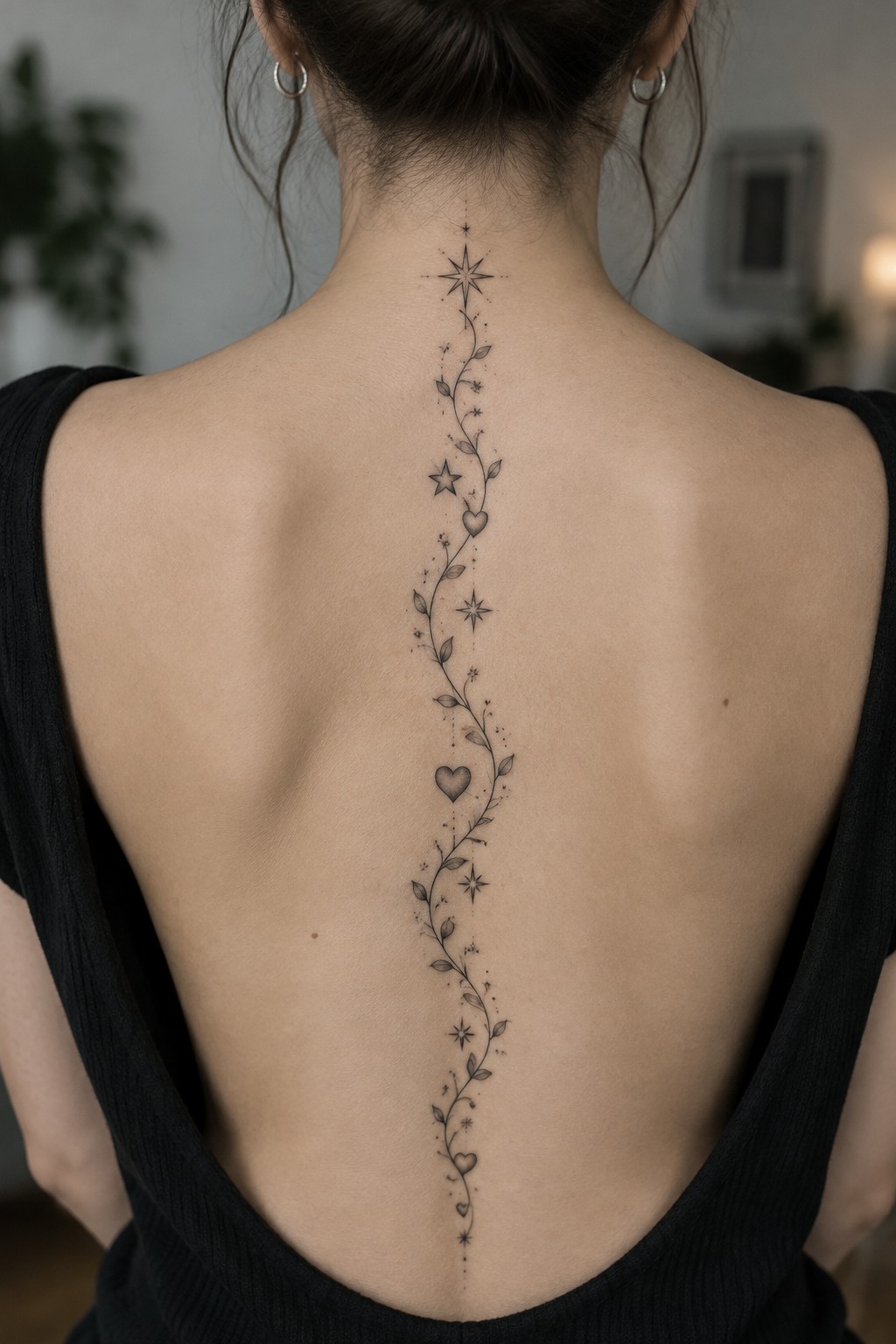 Fine-line vine tattoo with small stars and hearts running down a woman’s back from the nape to the lower spine.
