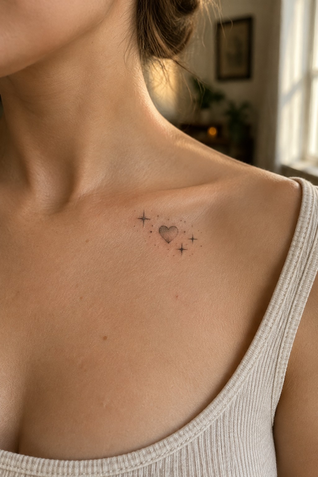 Small fine-line tattoo of a shaded heart, three stars, and scattered dots on the upper chest near the collarbone.
