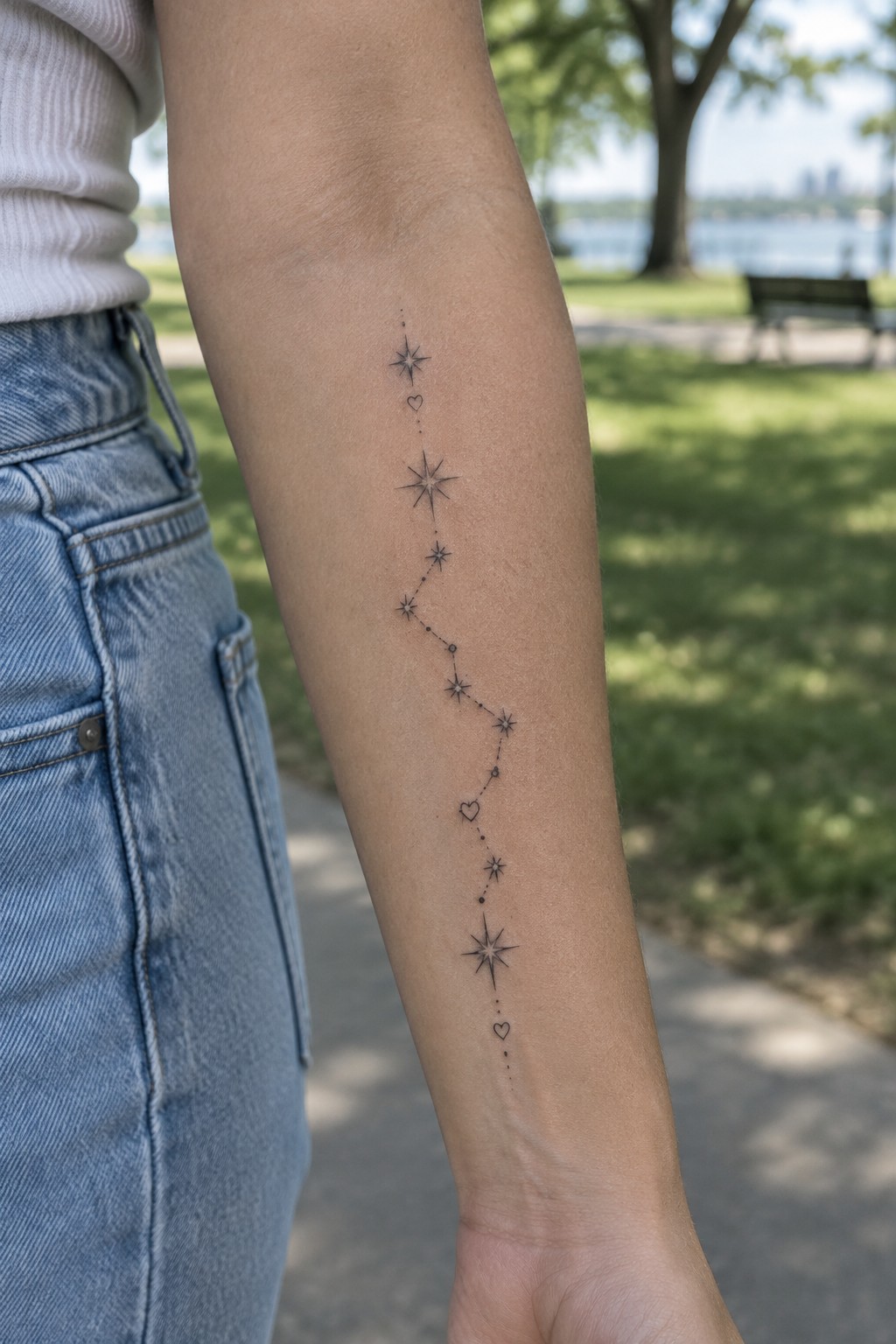 Fine-line black star constellation tattoo with small hearts and dotted connections running down a person’s forearm.