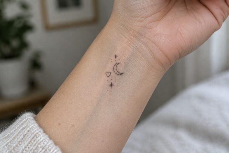 22 Timeless Meaningful Symbol Tattoos for Women Using Hearts, Stars, and Moons Fine-line inner wrist tattoo with a heart, crescent moon, stars, and a dotted vertical line.