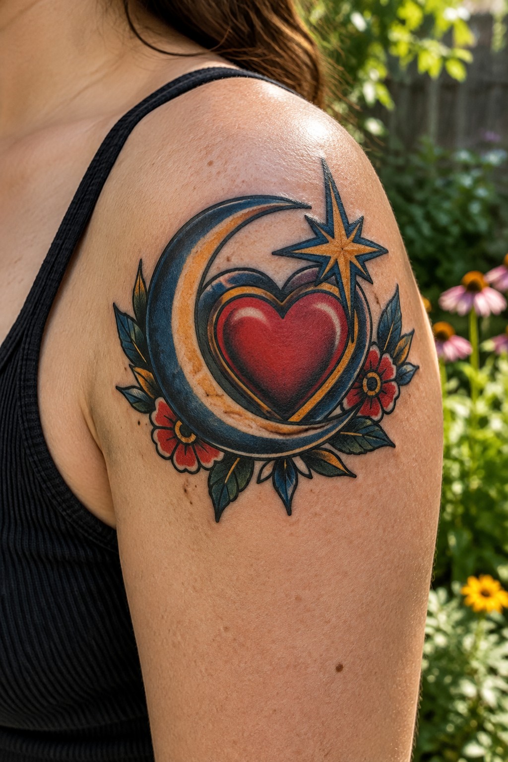 Traditional-style tattoo of a red heart framed by a blue and orange crescent moon, starburst, flowers, and leaves on a woman’s upper arm.
