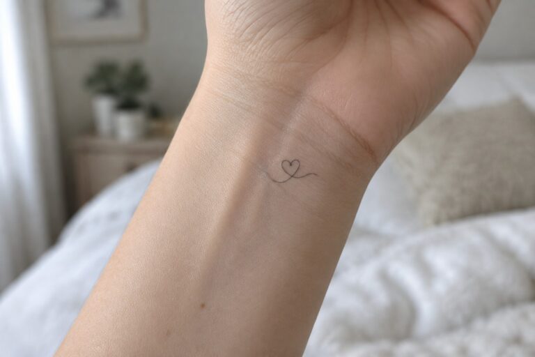 24 Beautiful Small Minimal Meaningful Tattoos for Women That Never Go Out of Style Small black fine-line heart tattoo on the inner wrist.