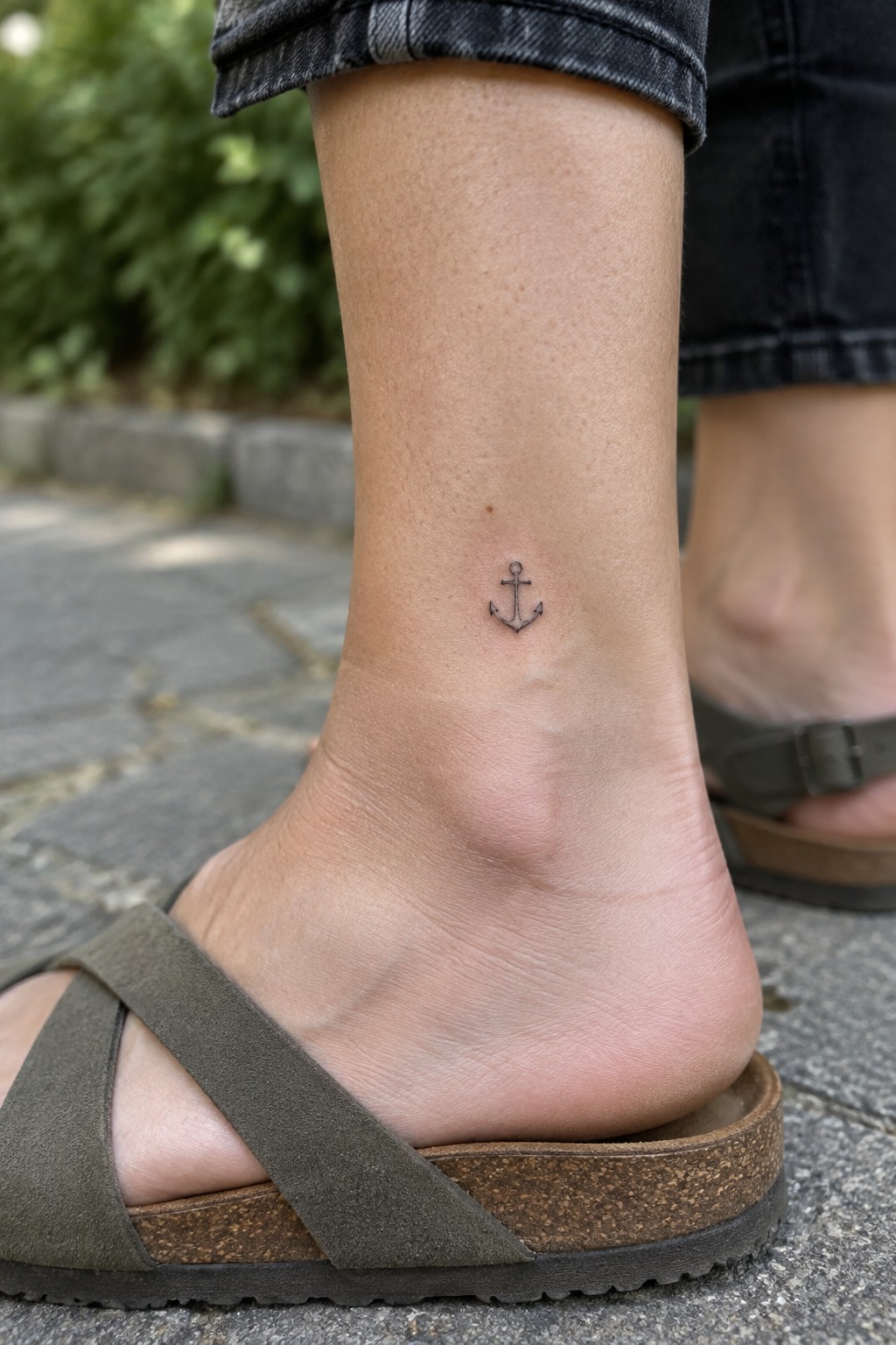 Small fine-line anchor tattoo on the inner ankle above an olive green sandal.