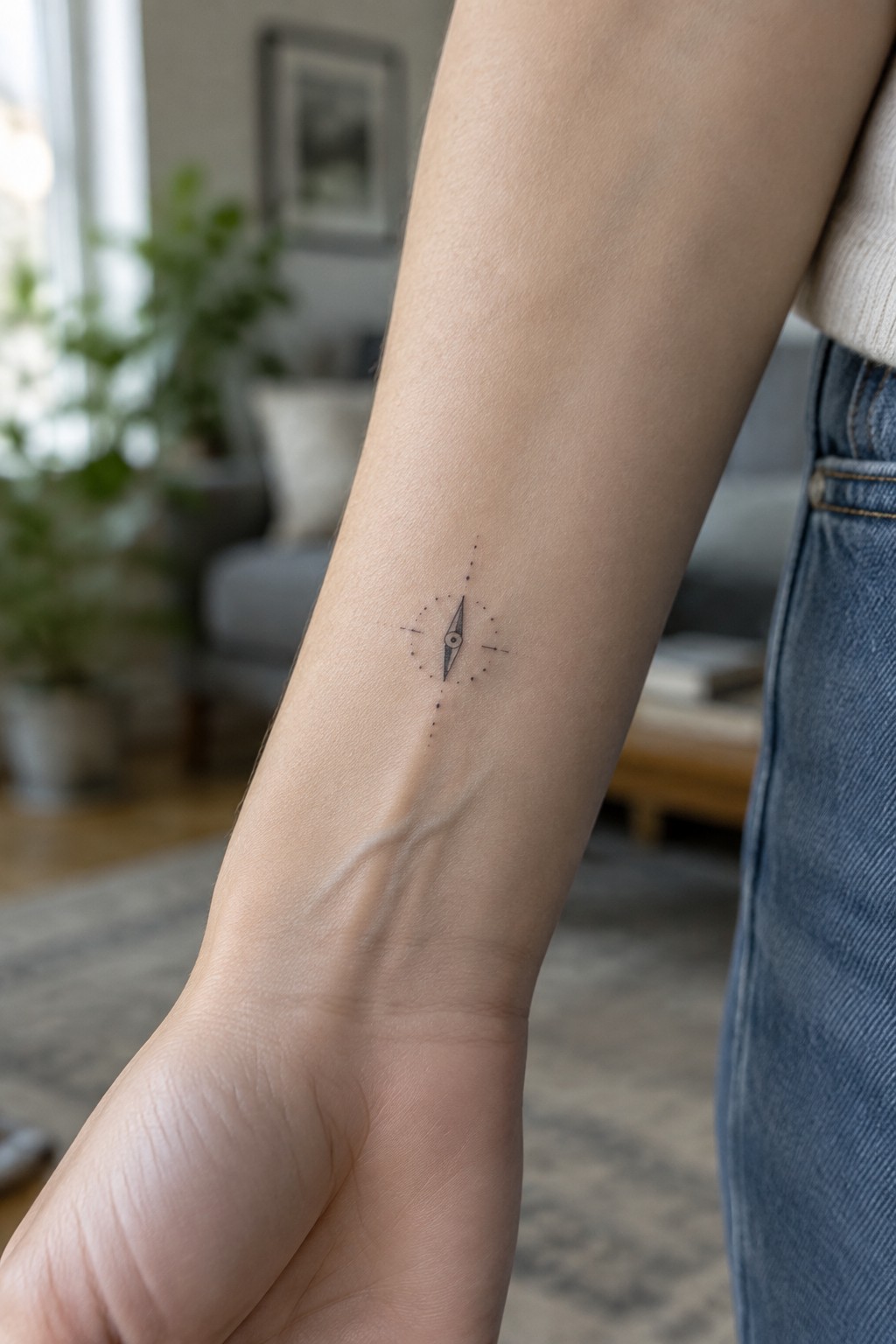 Small fine-line compass tattoo with dotted accents on the inner forearm.