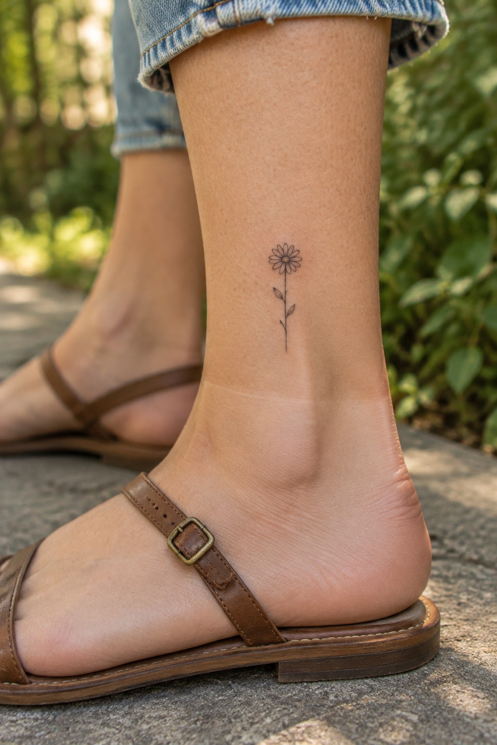 Small fine-line daisy tattoo with a slender stem on the outer ankle above a brown sandal.