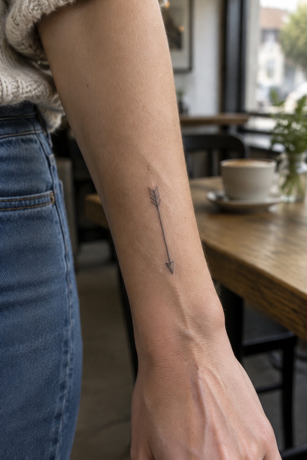 Small fine-line arrow tattoo running lengthwise on the inner forearm.