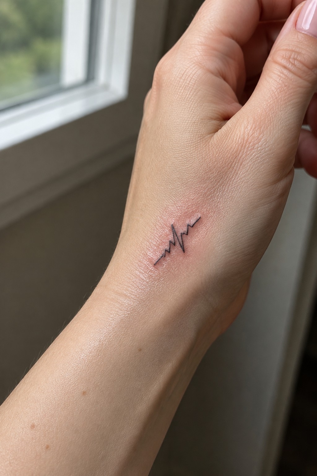 Small black heartbeat line tattoo on the inner wrist, with slight redness around the fresh tattoo.