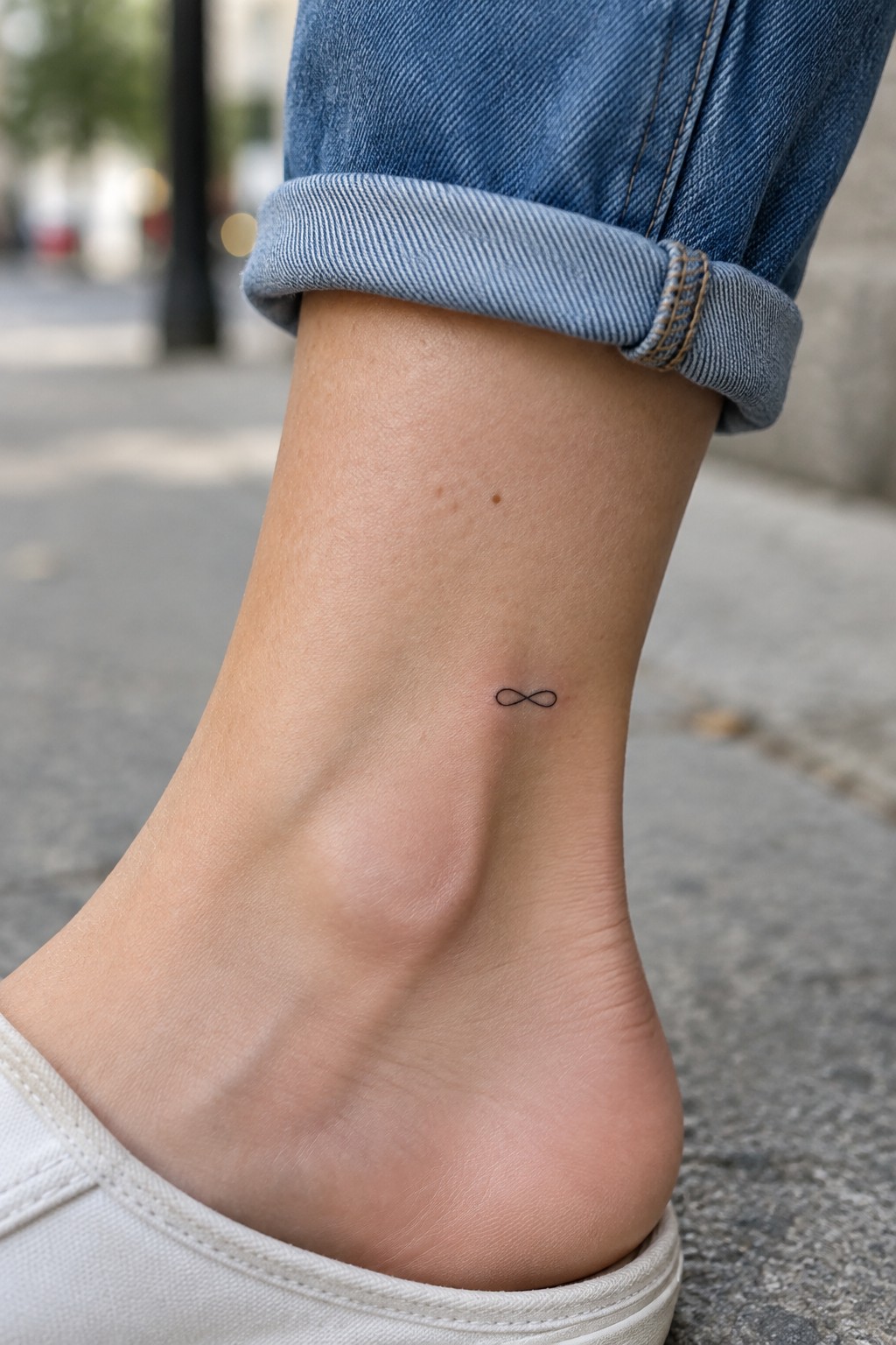 Small black infinity symbol tattoo on the side of an ankle above a white sneaker, with rolled-up blue jeans.