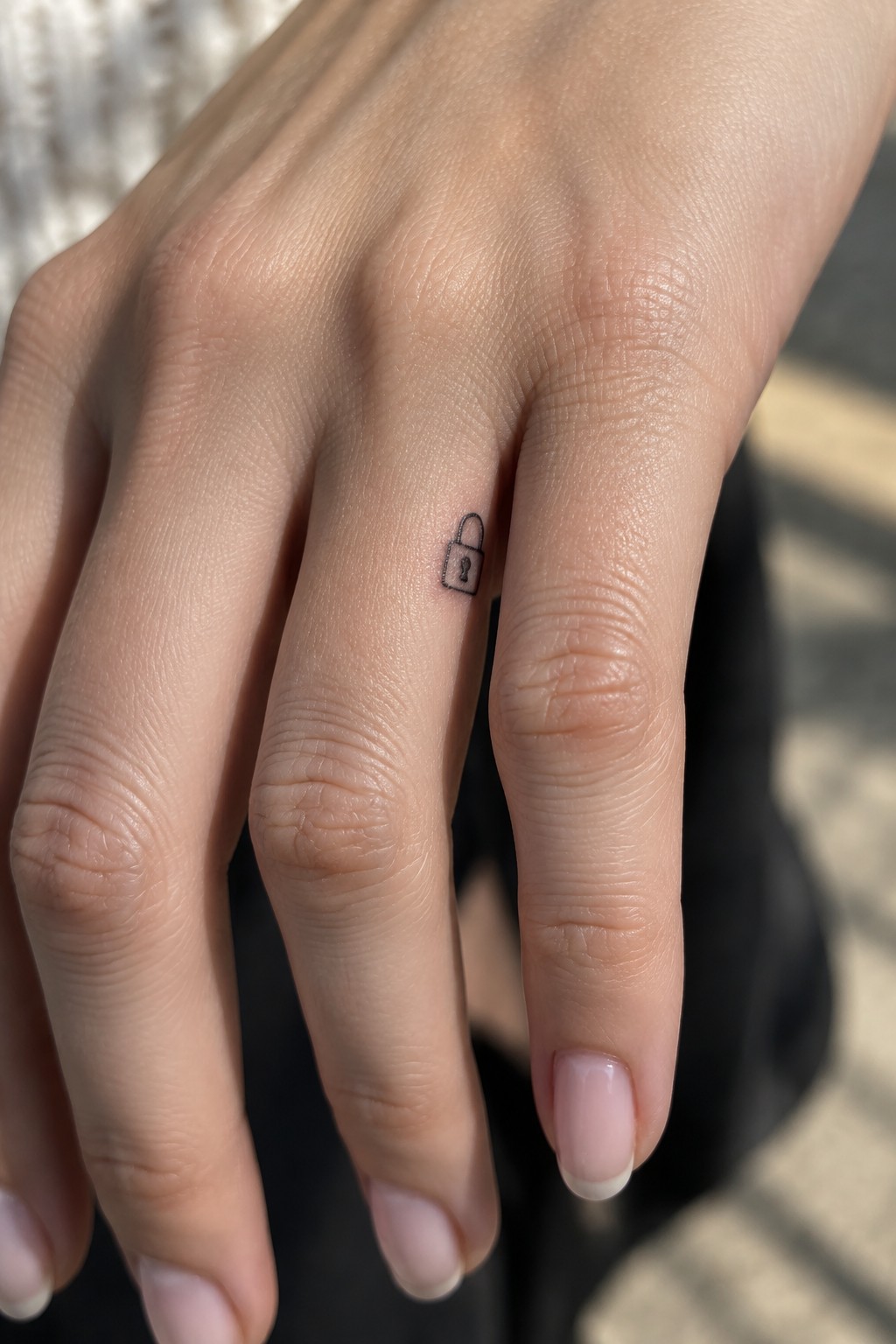 Tiny black fine-line padlock tattoo on the side of a finger.