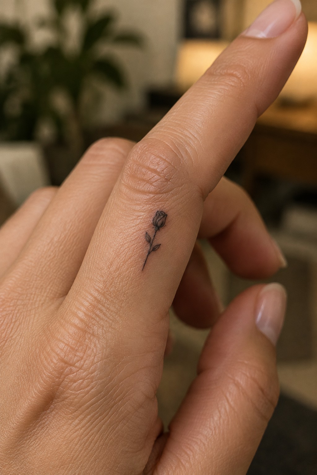 Small fine-line rose tattoo on the side of a finger, with a slender stem and two leaves.