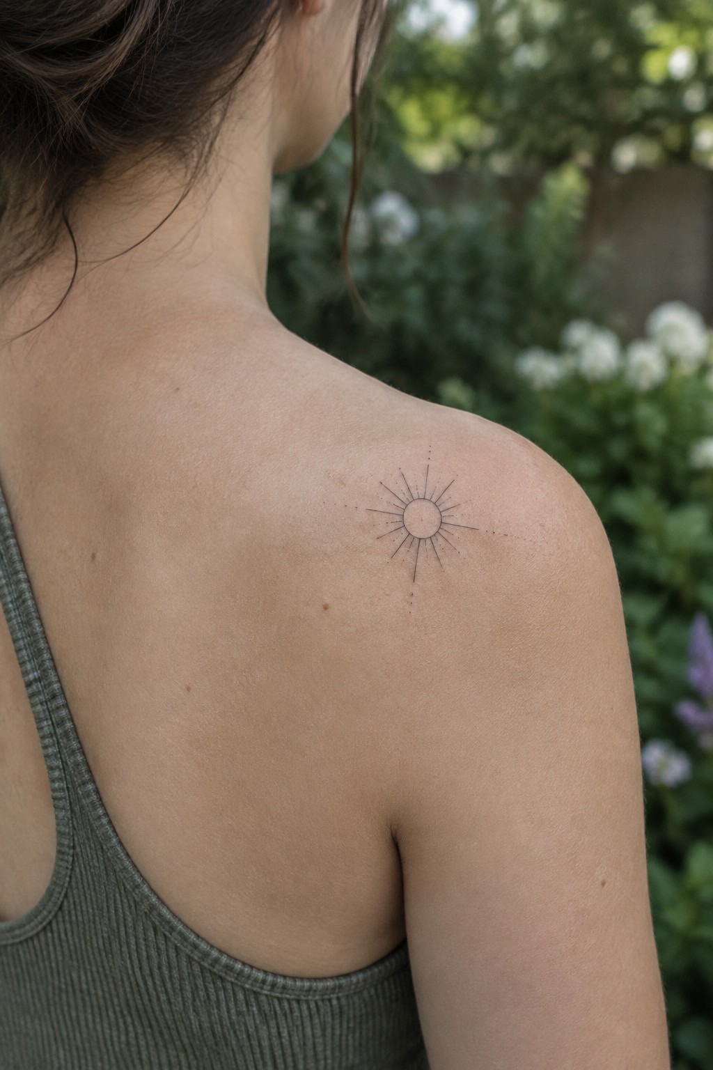 Small fine-line sun tattoo with dotted accents on a woman’s shoulder.