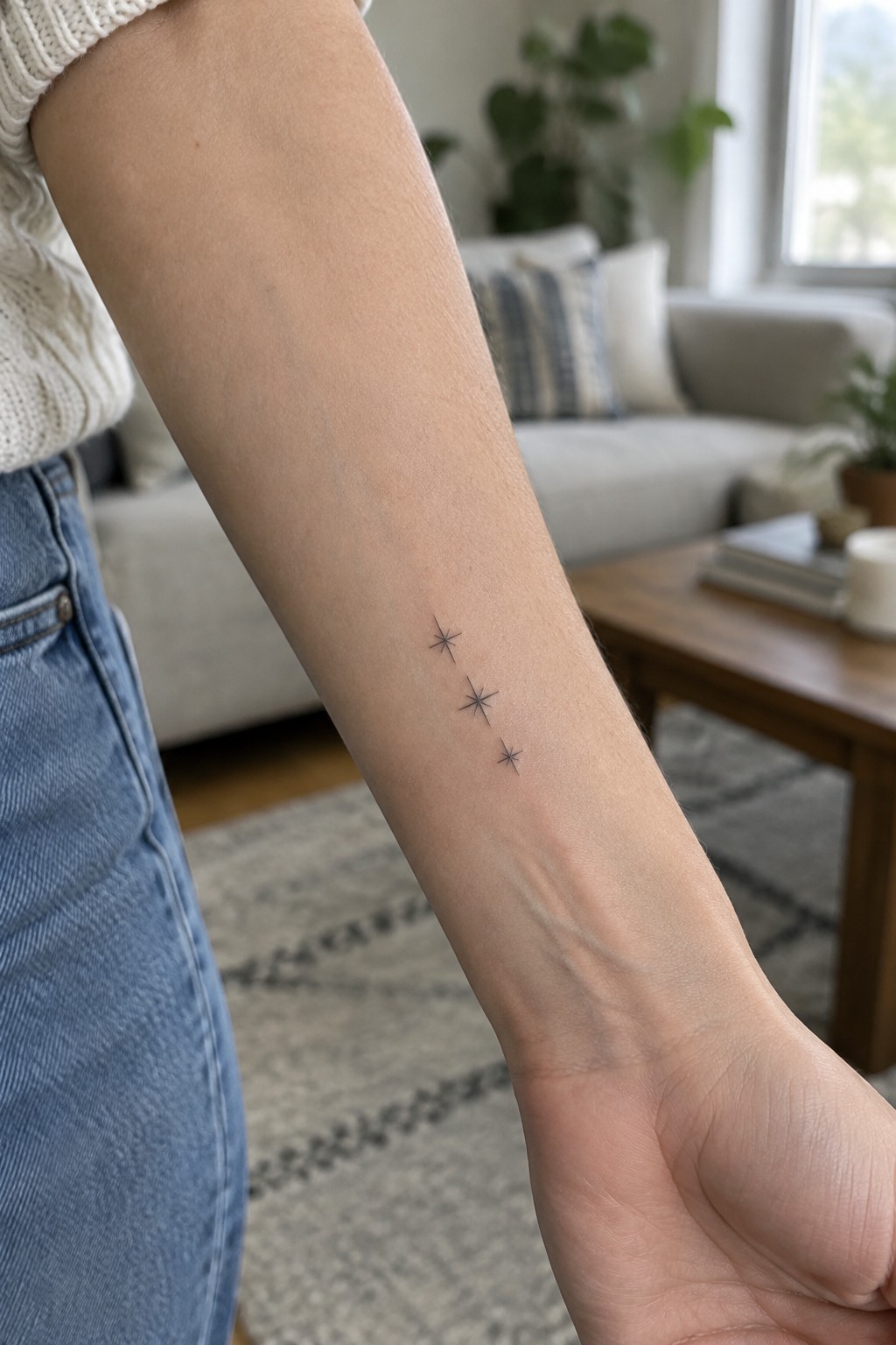 Three small black fine-line star tattoos arranged in a row on the inner forearm.
