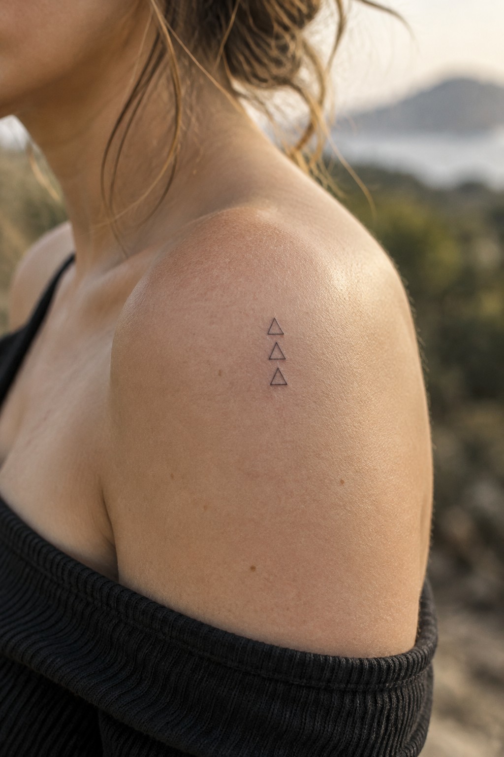Three small fine-line outline triangles stacked vertically on a woman’s upper shoulder.
