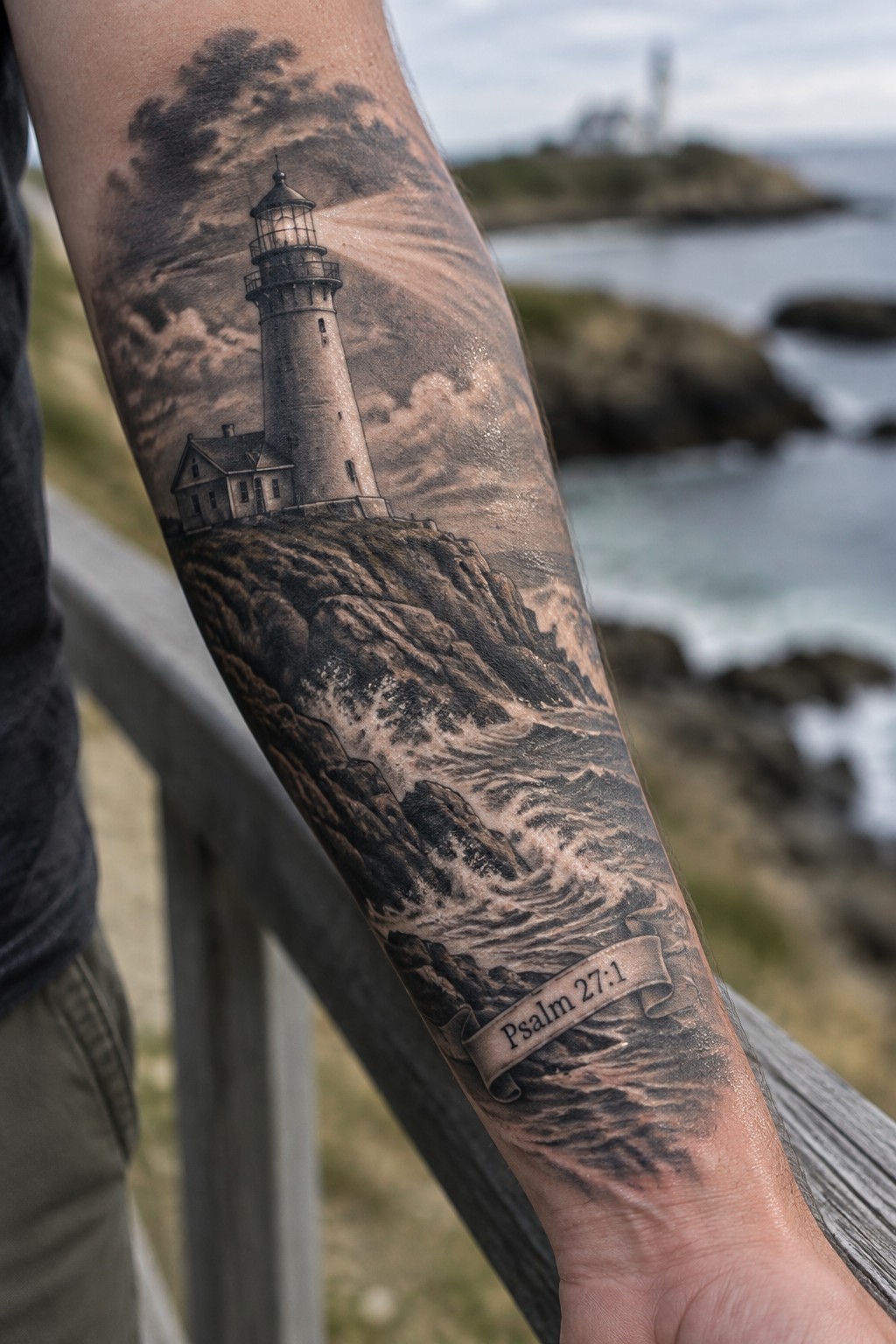 Realistic black and gray forearm tattoo of a lighthouse on a rocky cliff with crashing waves and a Psalm 27:1 banner.