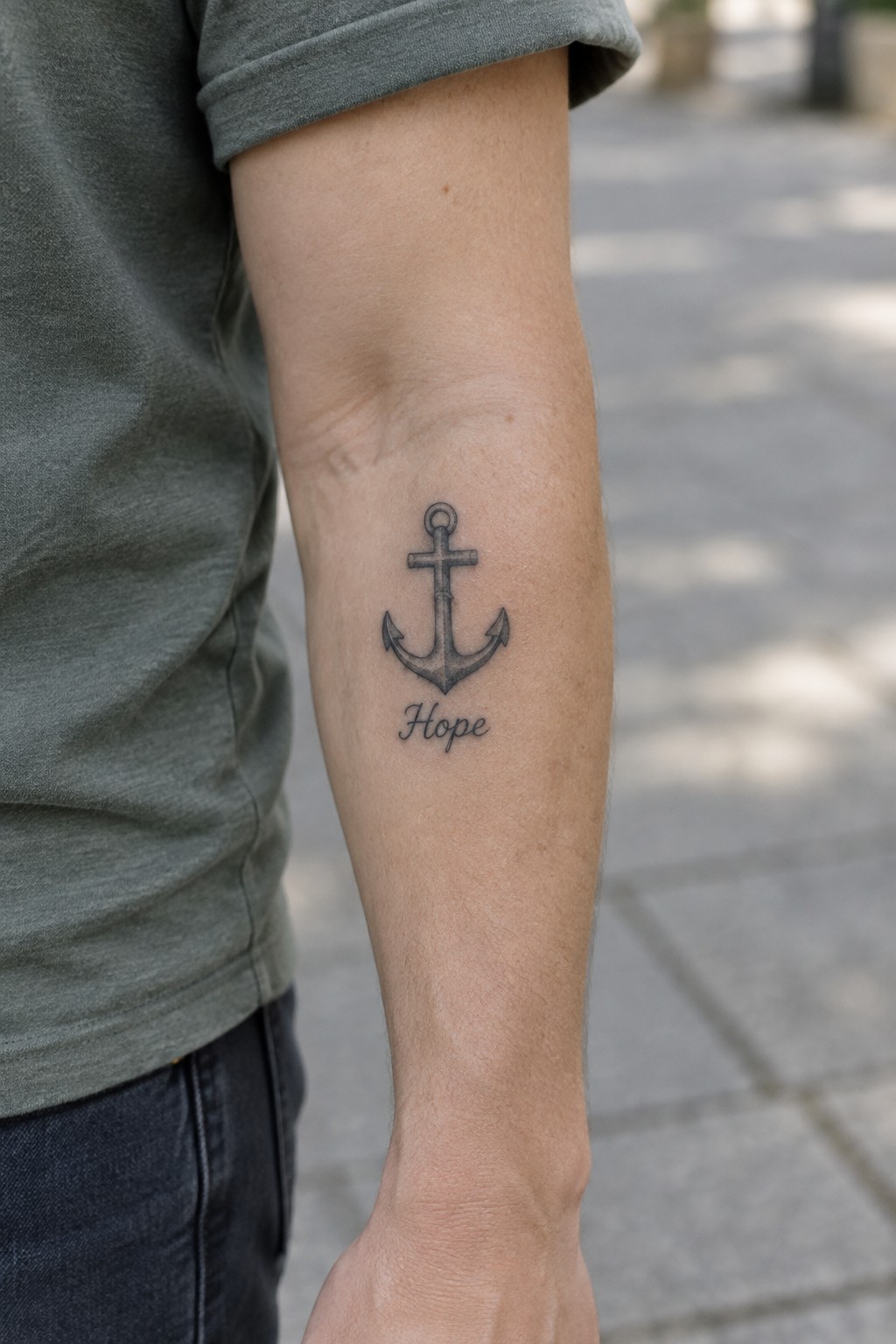 Black and grey anchor tattoo with hope text below it on a man's inner forearm