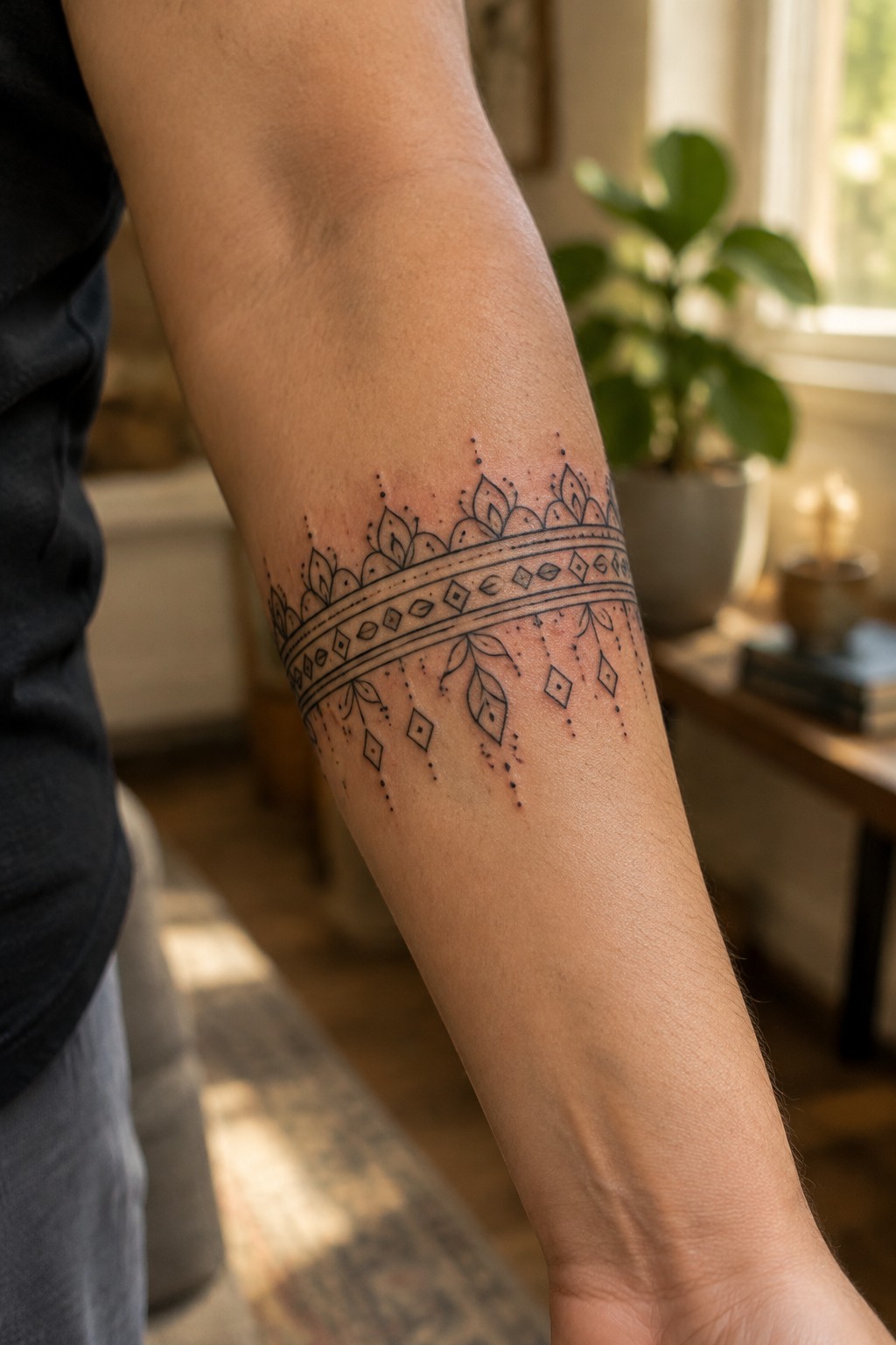 Upper arm with intricate black tattoo band of leaves, diamonds, and dots