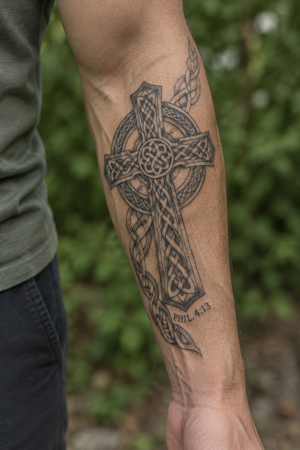 Celtic cross tattoo with knotwork on arm and PHIL. 4:13 text below