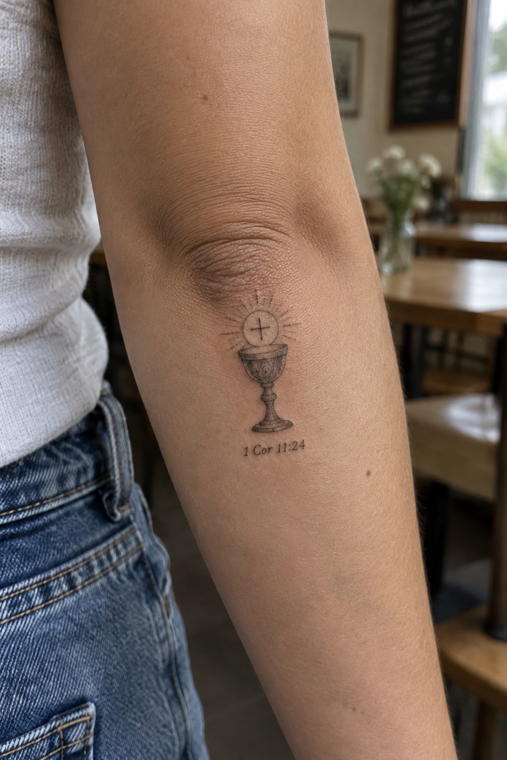 Fine line black ink tattoo of a communion chalice with host and cross on the inner forearm, with 1 Cor 11:24 text below it.