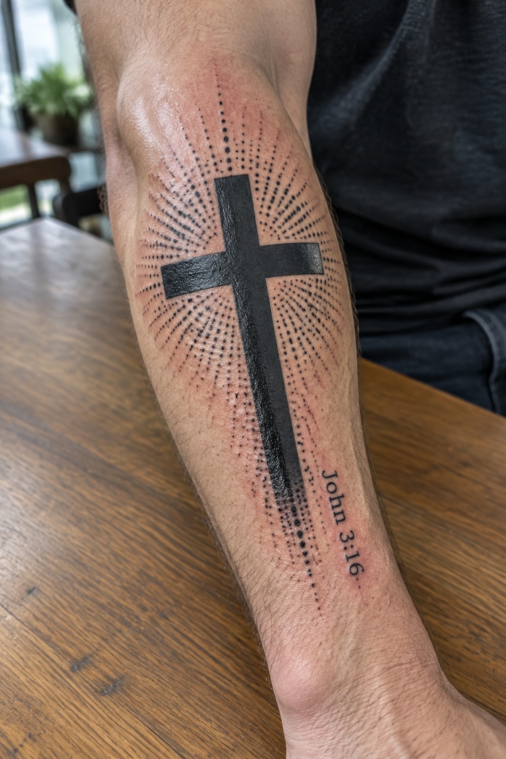 Black cross tattoo with dotted sun rays and John 3:16 on red forearm