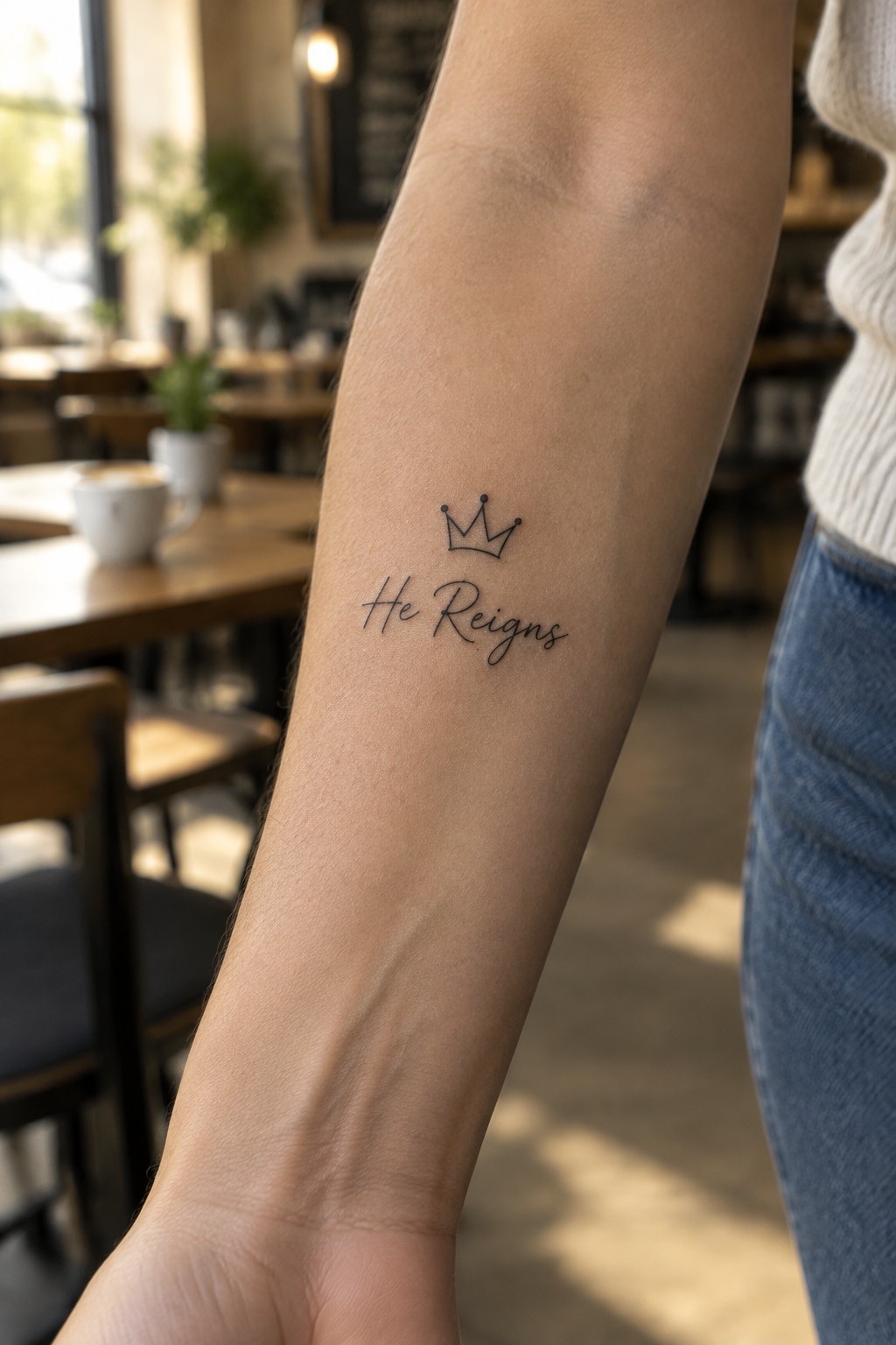 Tattooed forearm with crown and 