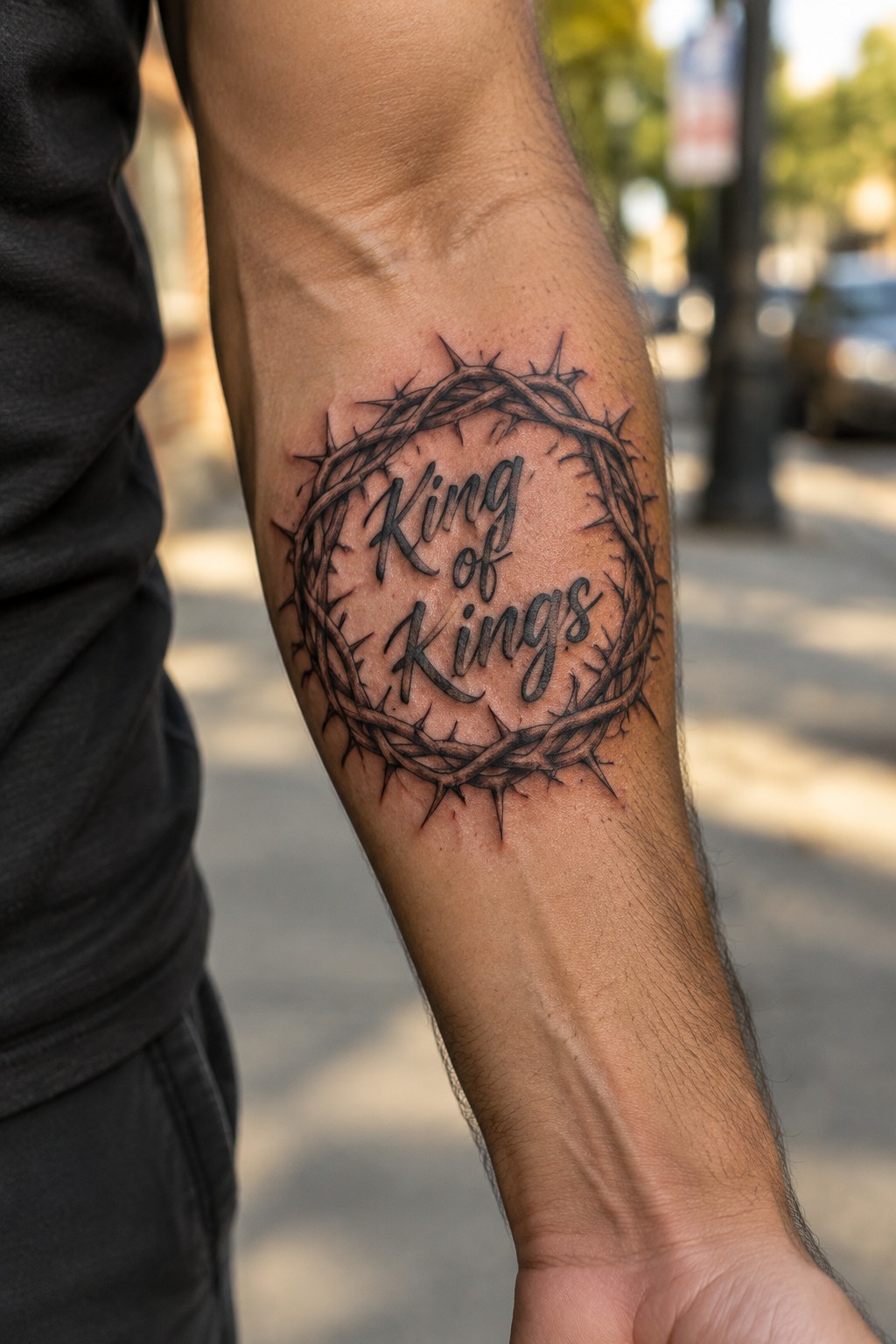 Black and grey crown of thorns tattoo wrapped around a man's forearm with the words King of Kings in the center.