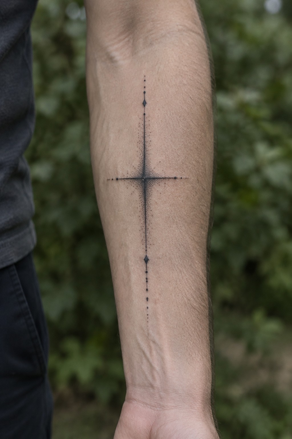 Minimalist dotwork cross tattoo on a man's inner forearm, formed by vertical and horizontal dotted lines with small diamond accents.