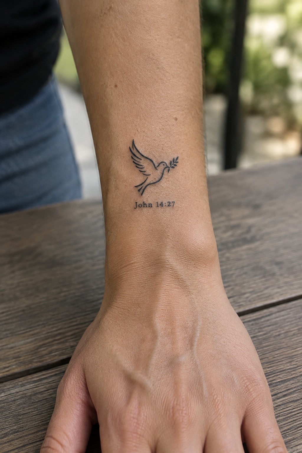 Dove tattoo with olive branch and John 14:27 on inner wrist above wooden table