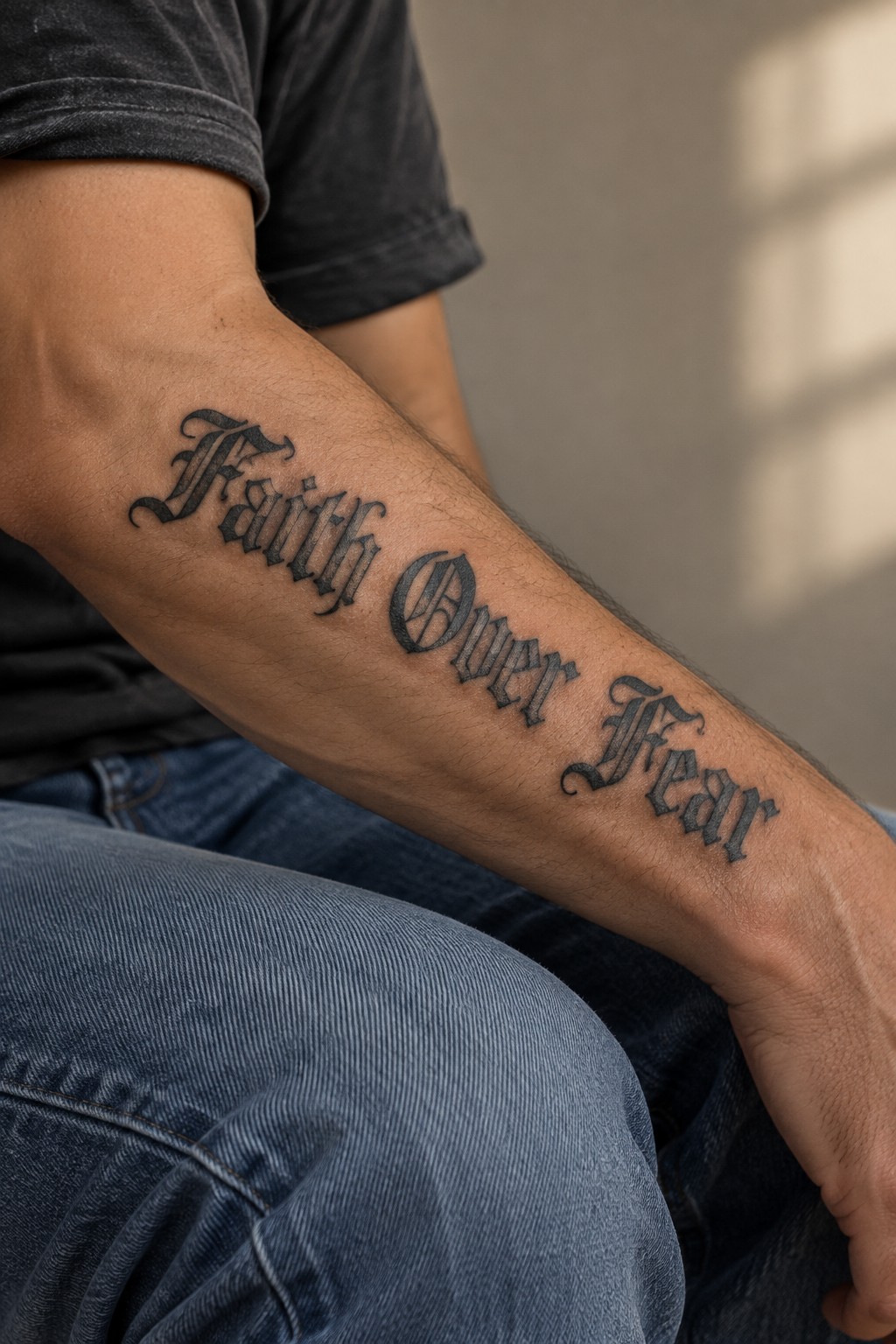 Arm with 'Faith Over Fear' gothic tattoo, gray shirt and blue jeans visible.