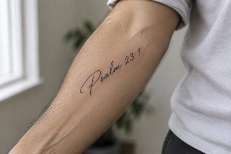 A close up of a man's forearm showing a small cursive tattoo that reads Psalm 23:1