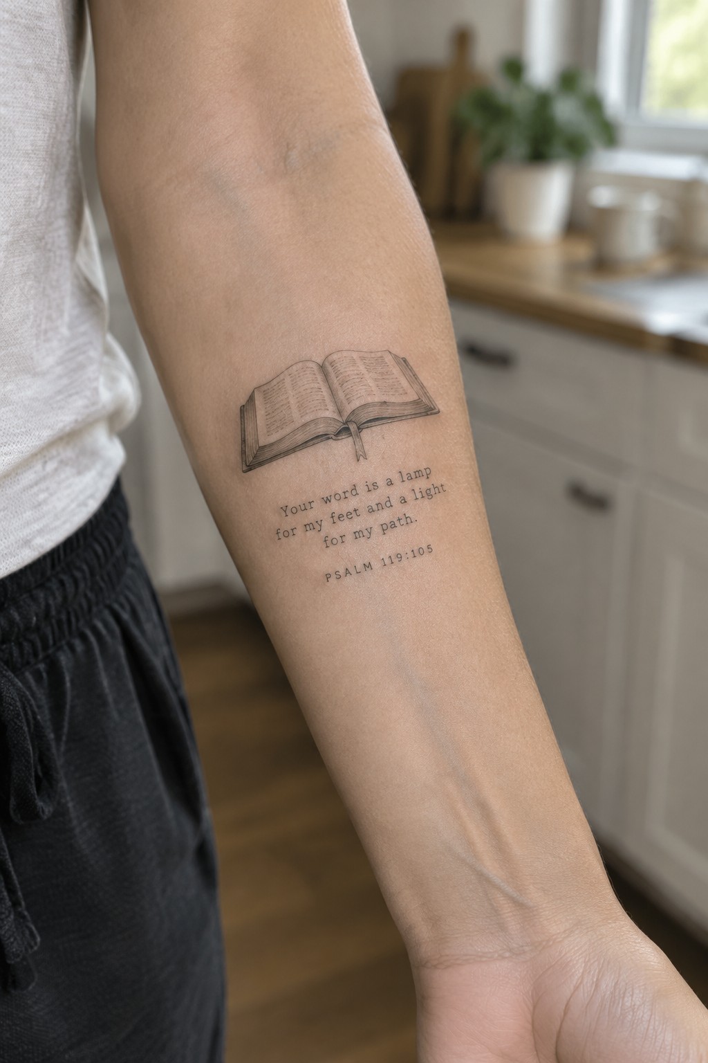 Open book tattoo with Psalm 119:105 text on forearm in kitchen