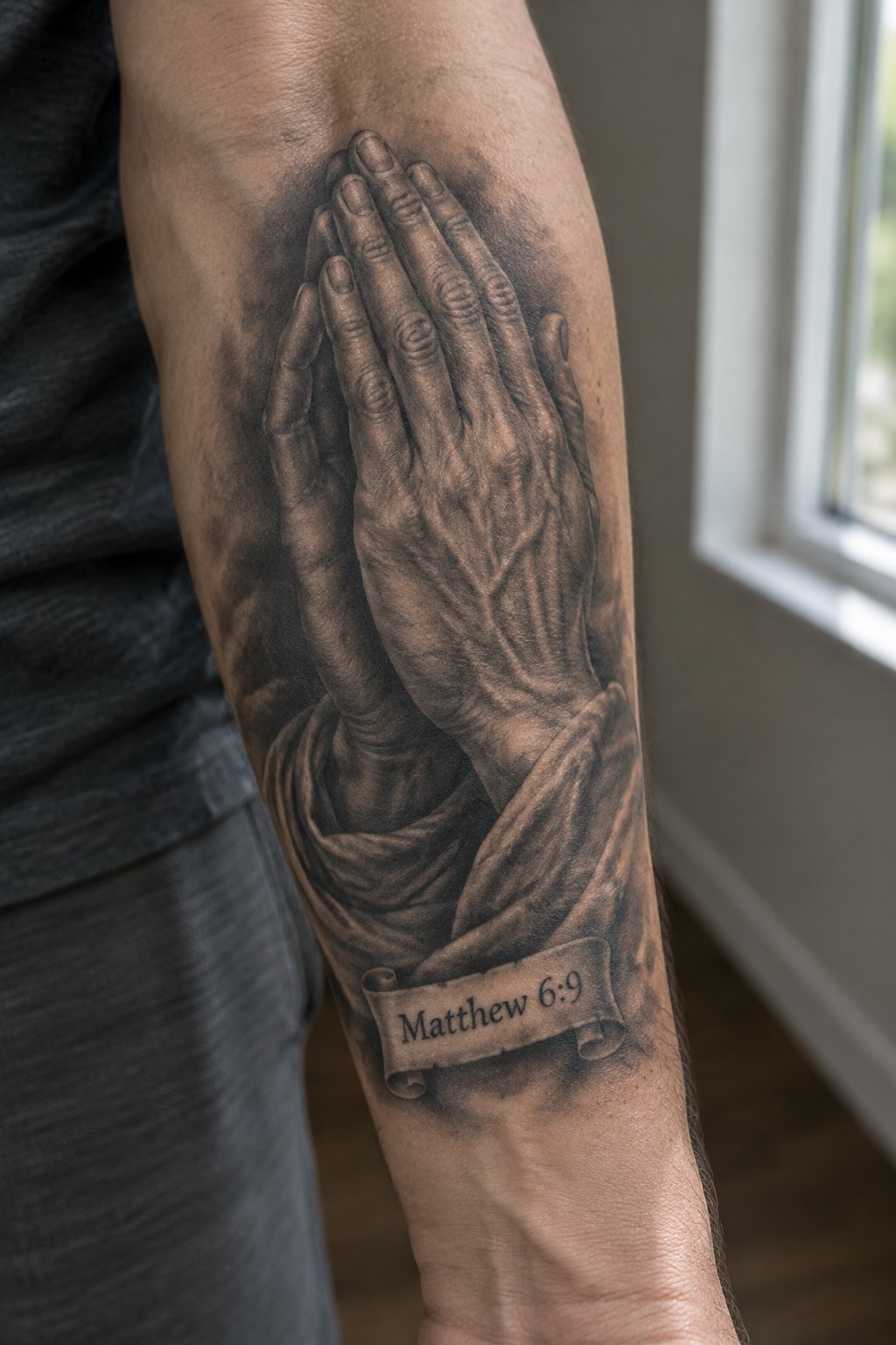 Black and gray realistic tattoo of praying hands with Matthew 6:9 banner on arm