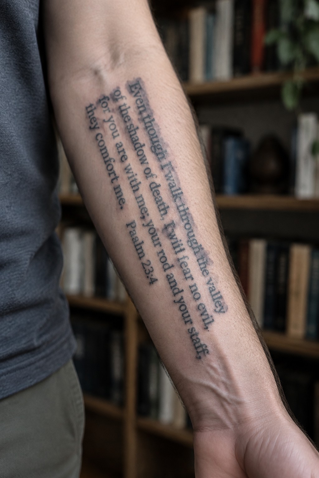Inner forearm tattoo with Psalm 23:4 written vertically in black script