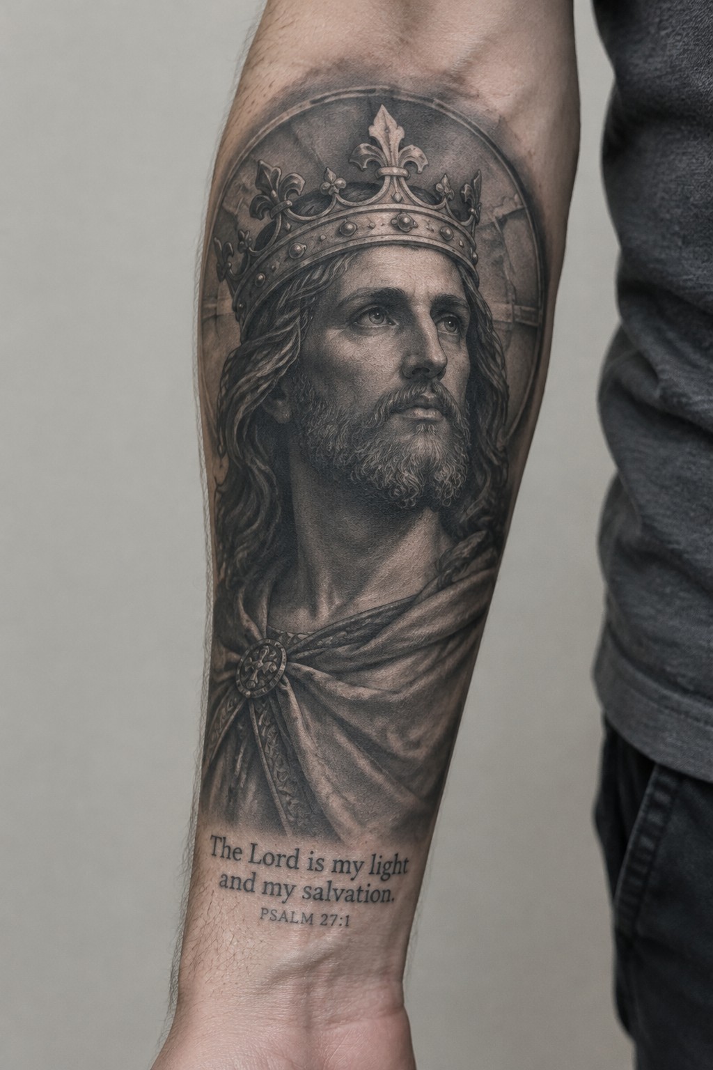 realistic black and gray tattoo of jesus wearing a crown on a man's forearm with psalm 27:1 text below it