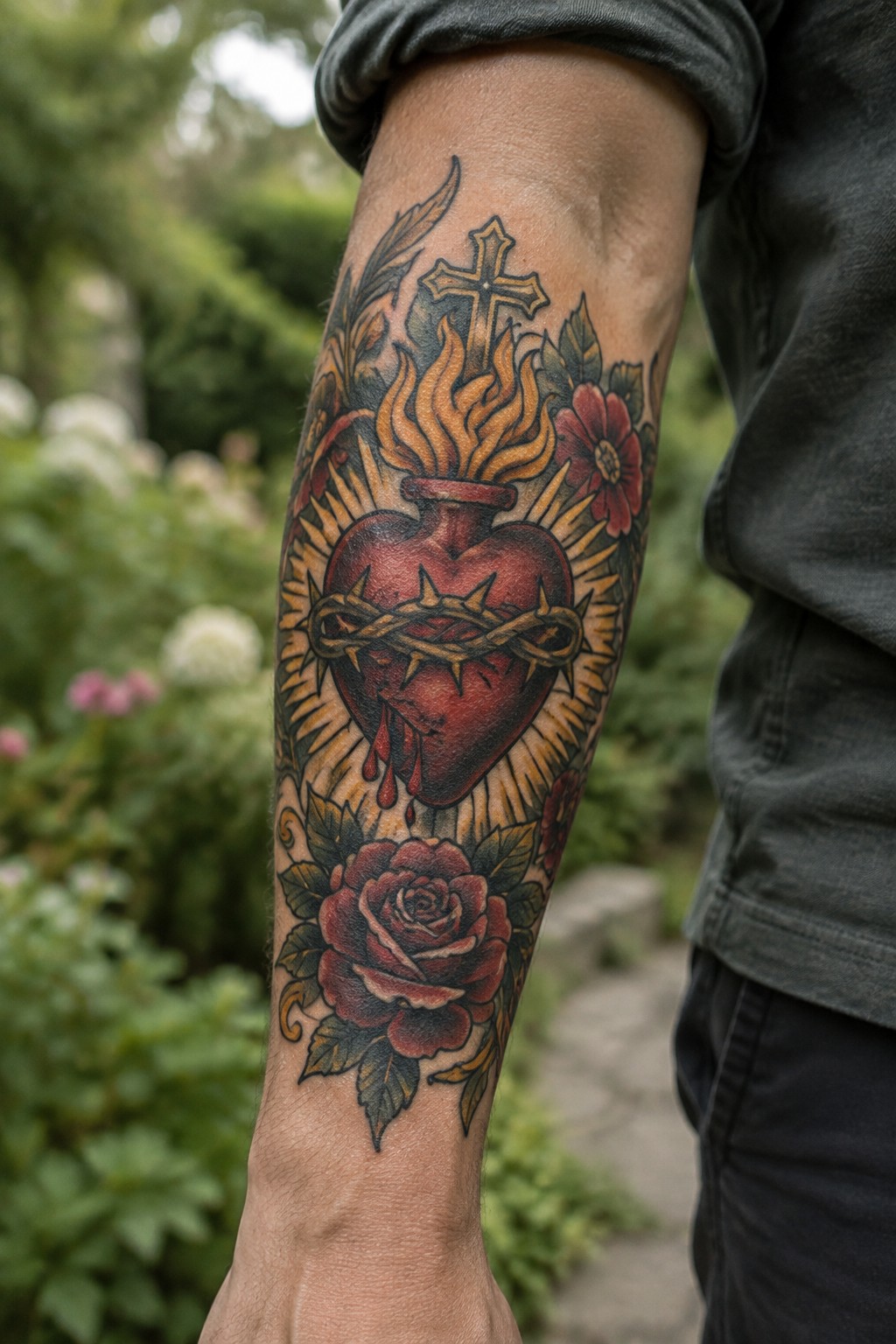 Traditional sacred heart tattoo on a man's forearm with a flaming heart wrapped in thorns, a cross above it, and red roses filling the surrounding space.