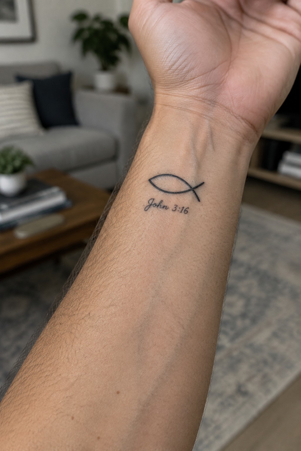 Raised arm with black ichthys fish tattoo and John 3:16 text on wrist