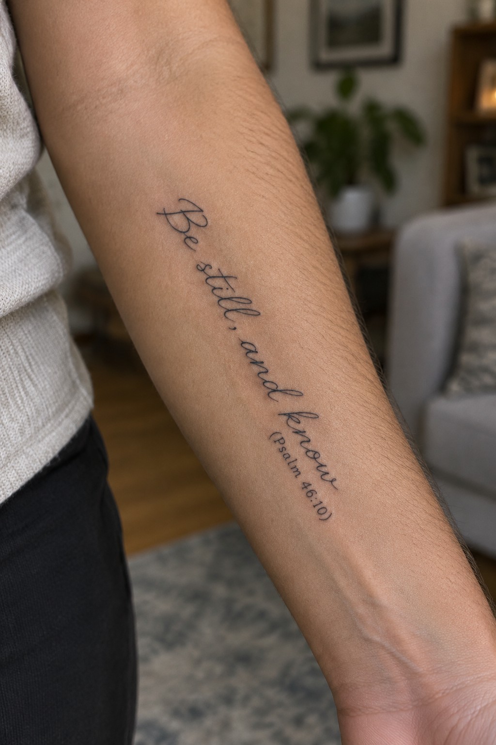 Cursive tattoo of the verse Be still and know from Psalm 46:10 placed vertically on the inner forearm