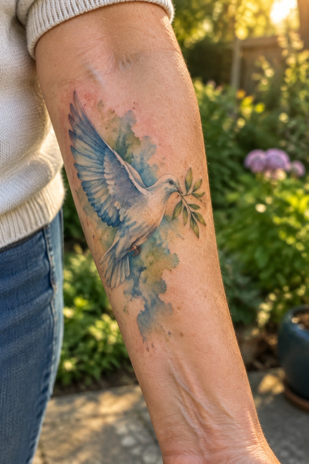 Watercolor blue dove tattoo with olive branch on arm against blurred garden background.