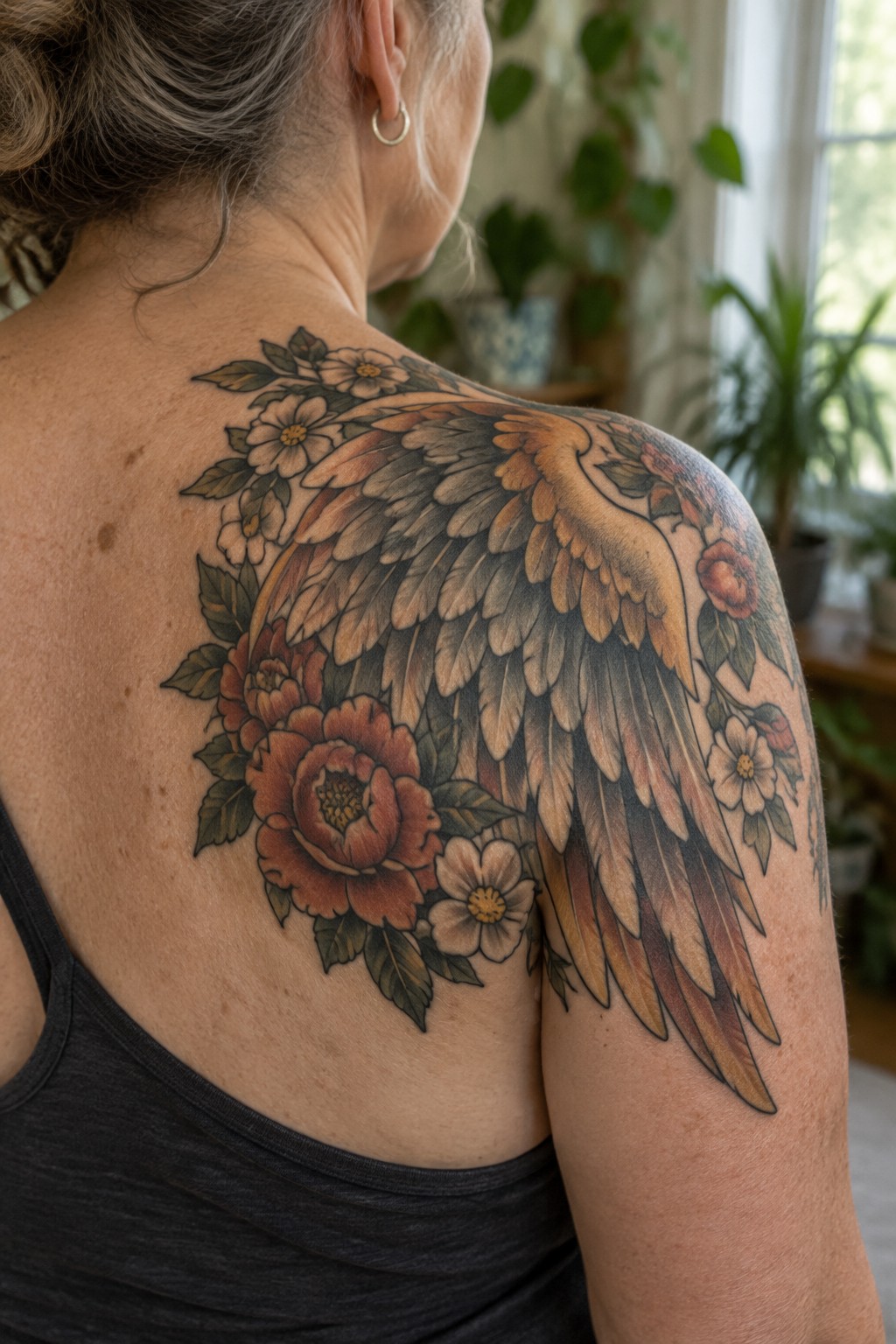 Woman in gray tank top with large brown wing and red floral tattoo on back