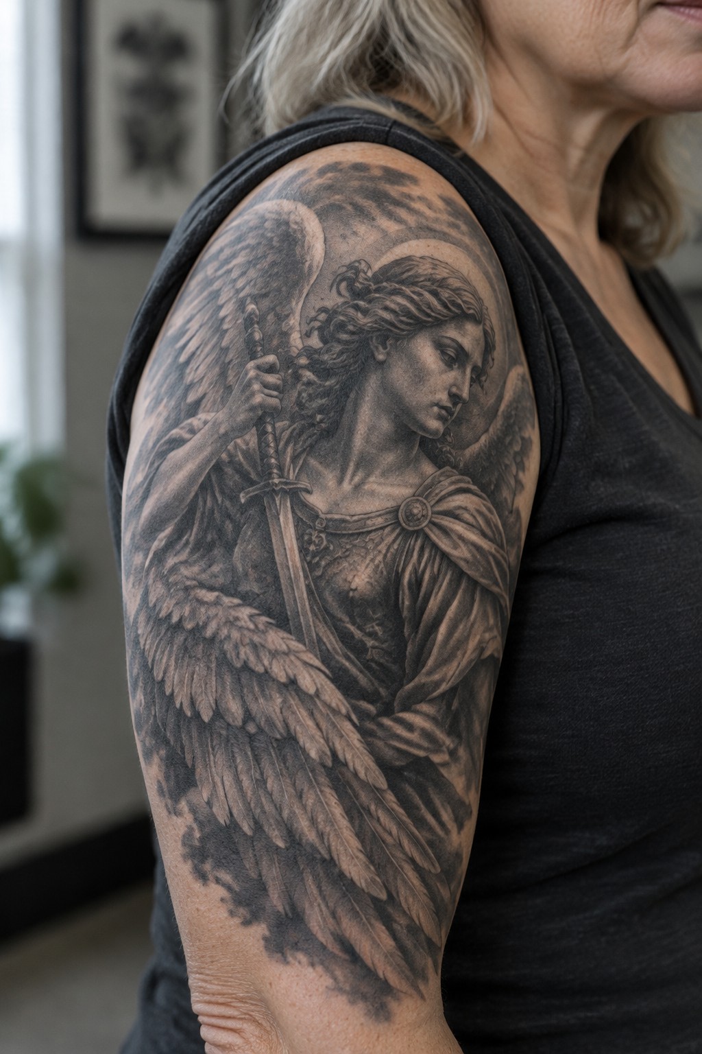 Realistic black-and-gray angel tattoo with sword on shoulder in black tank top