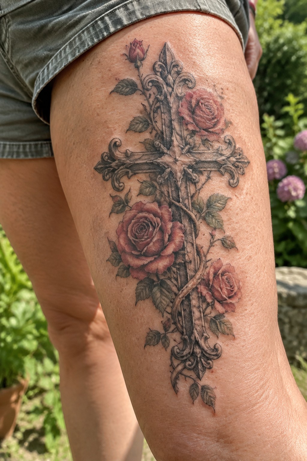 Large ornate cross tattoo with red roses and leaves on a woman's thigh.