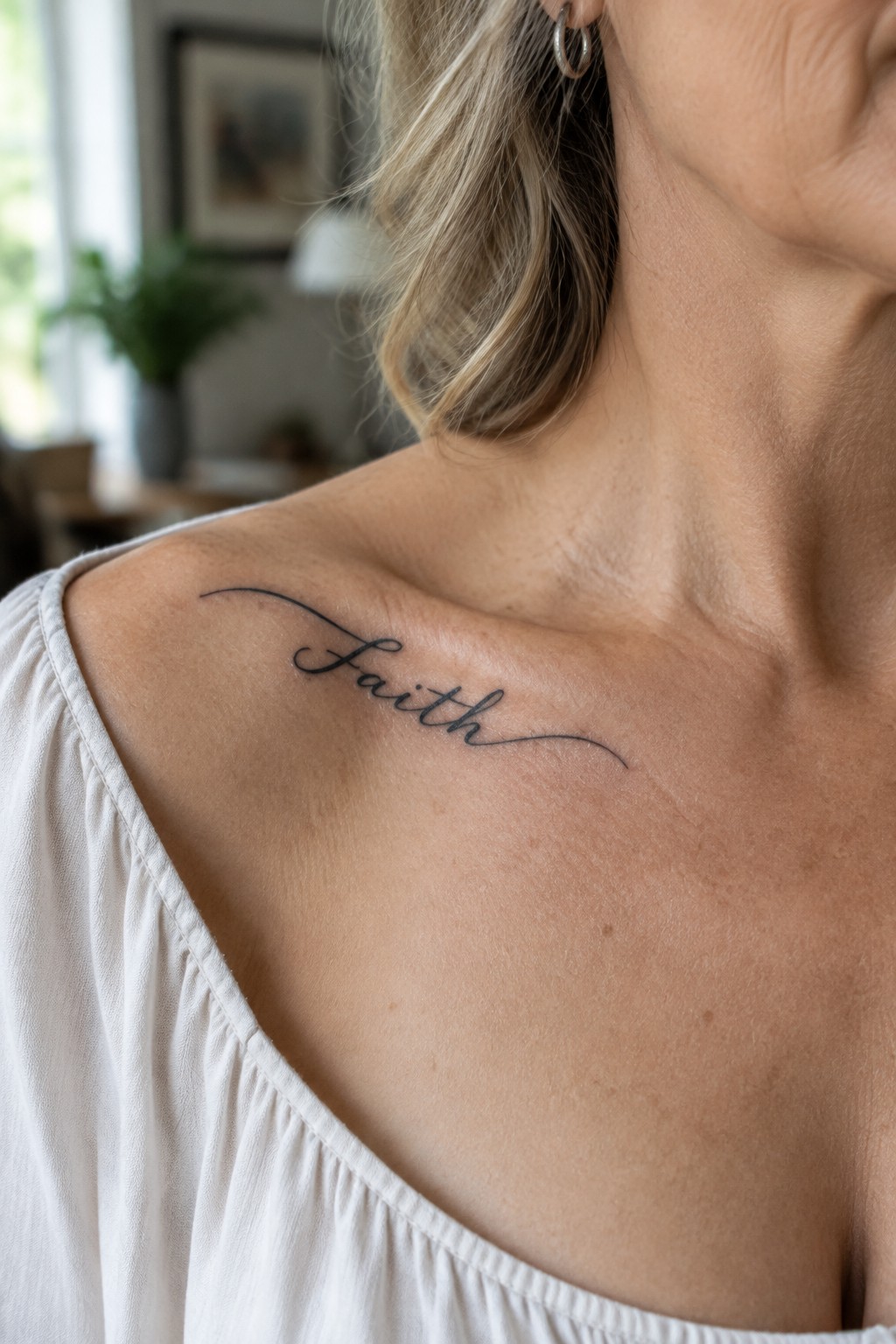 Cursive black Faith tattoo on woman's collarbone above white off-shoulder top